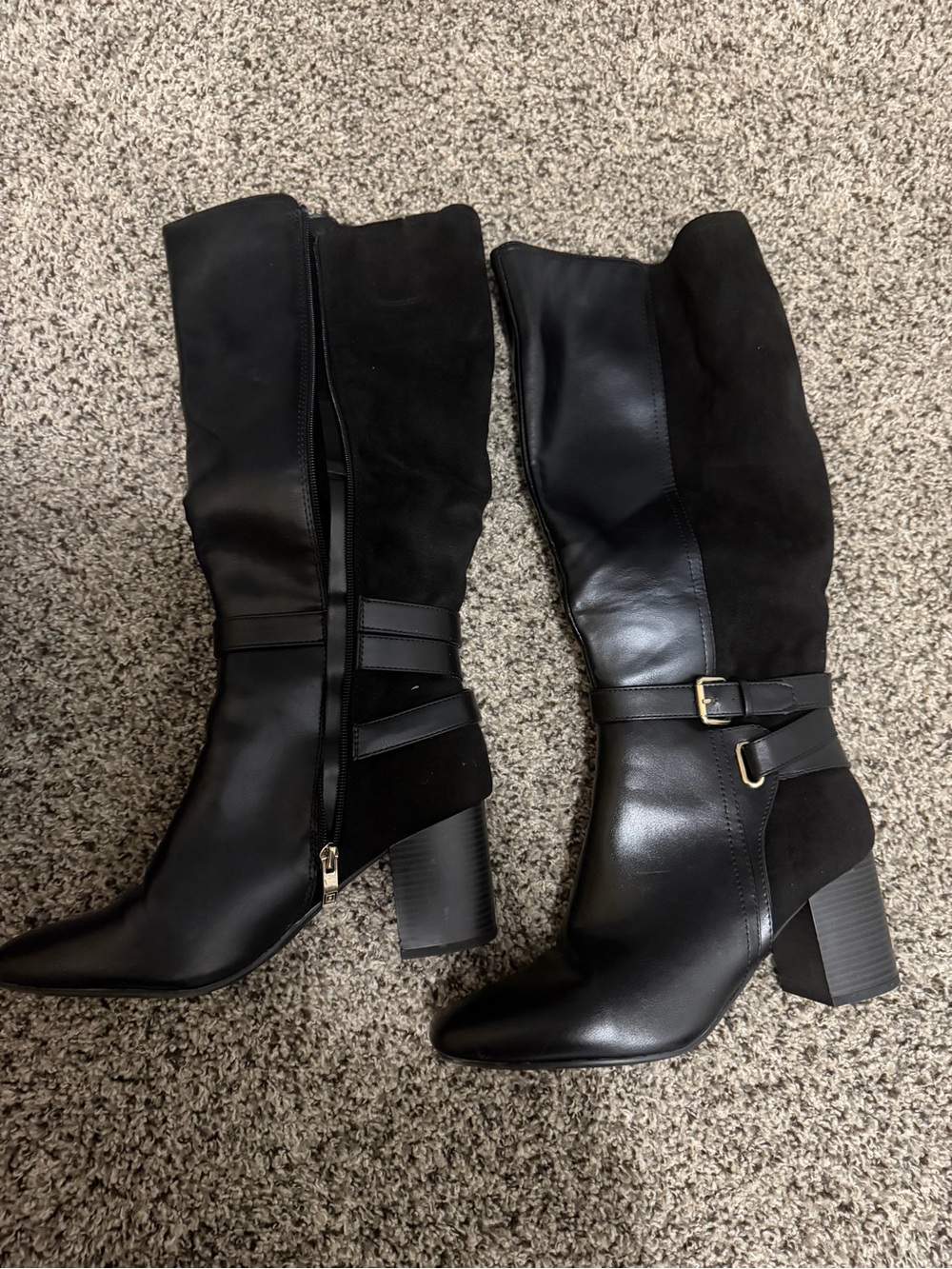 Liz Claiborne Black Leather and Suede Mid-Calf Block Heel Boots